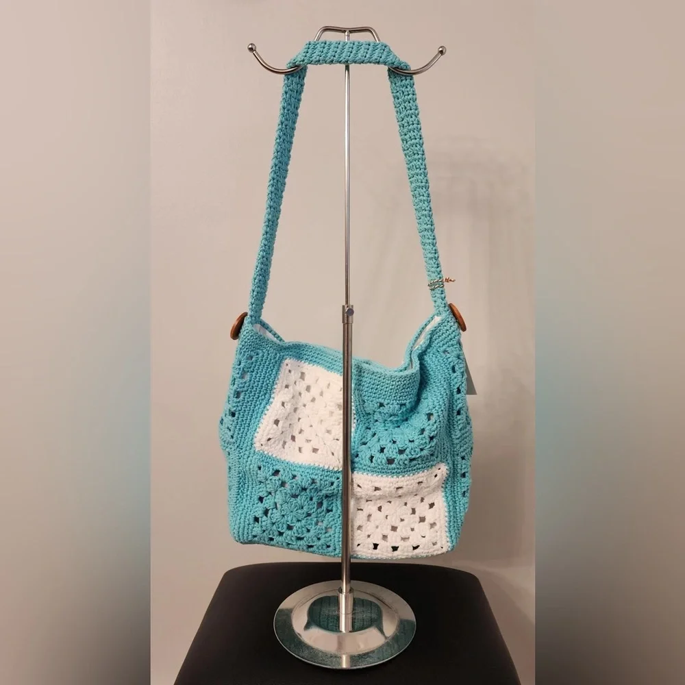 Medium sized crochet bag teal blue and white - Picture 2 of 3